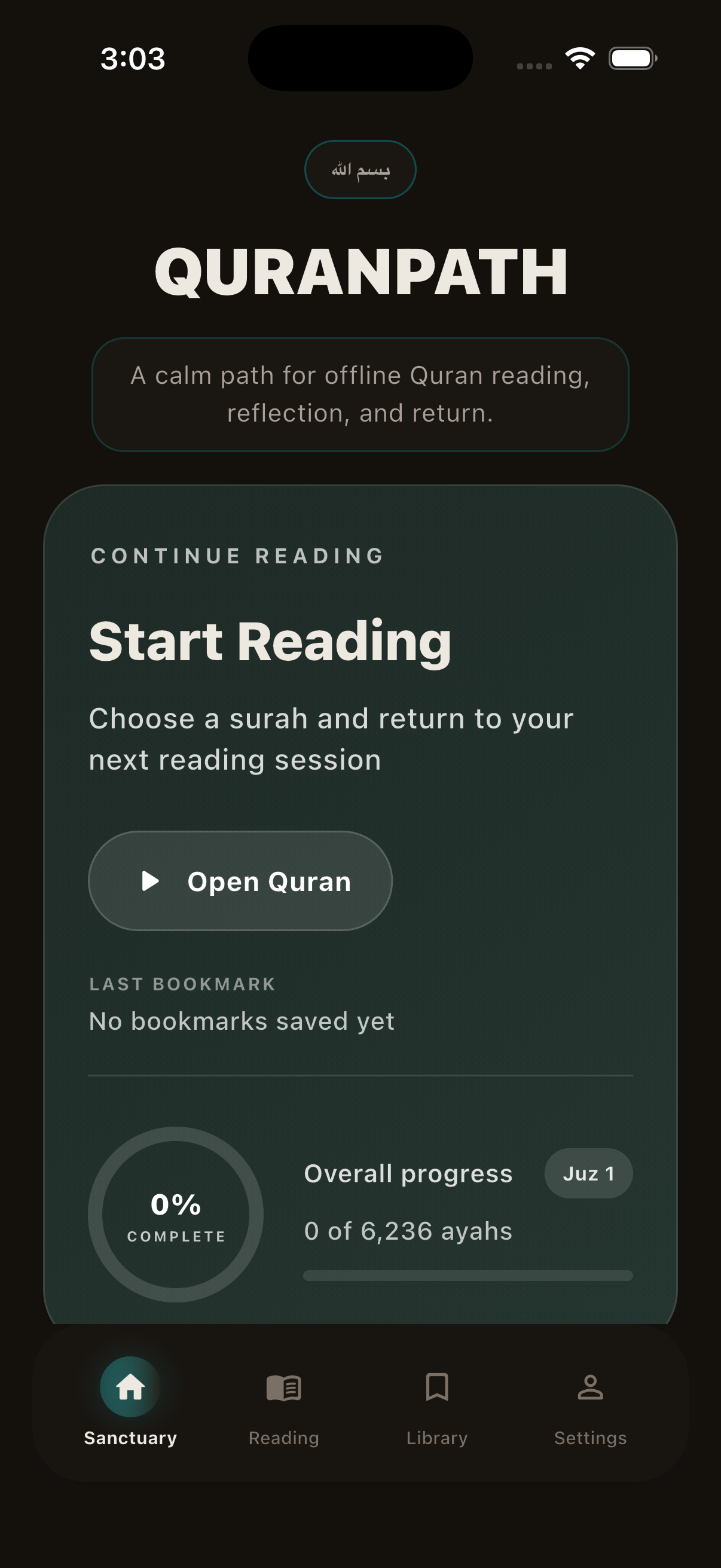 QuranPath Sanctuary screen with reading progress and recent surahs